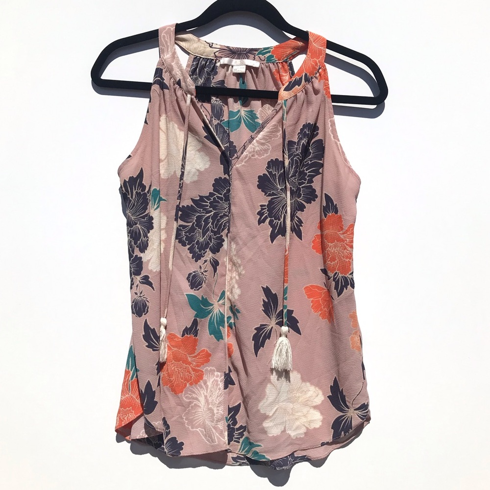 C & E Sheer V-Neck Floral Print Sleeveless Blouse